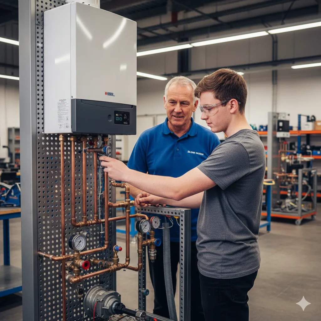 Gas apprentice working on boiler training rig with instructor supervising