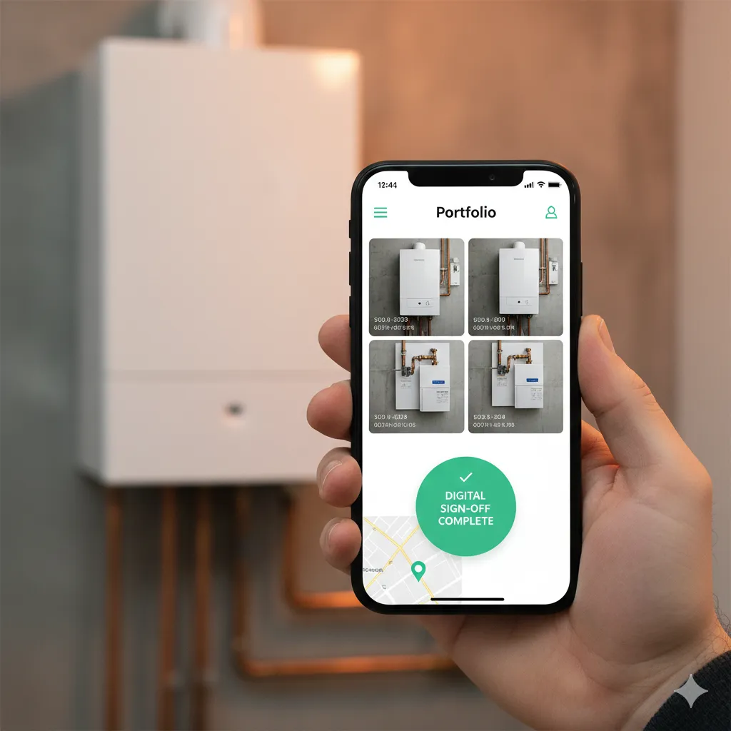 Smartphone showing digital portfolio app with timestamped boiler photos and GPS tracking