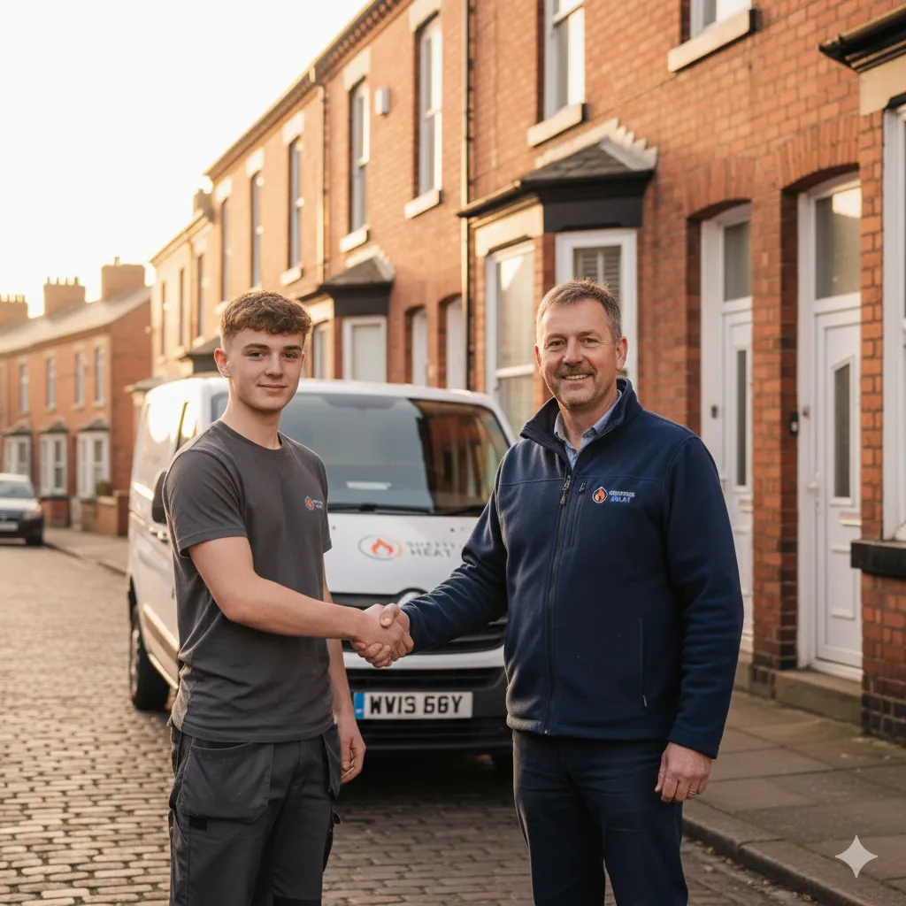 Gas trainee shaking hands with local employer outside terraced houses